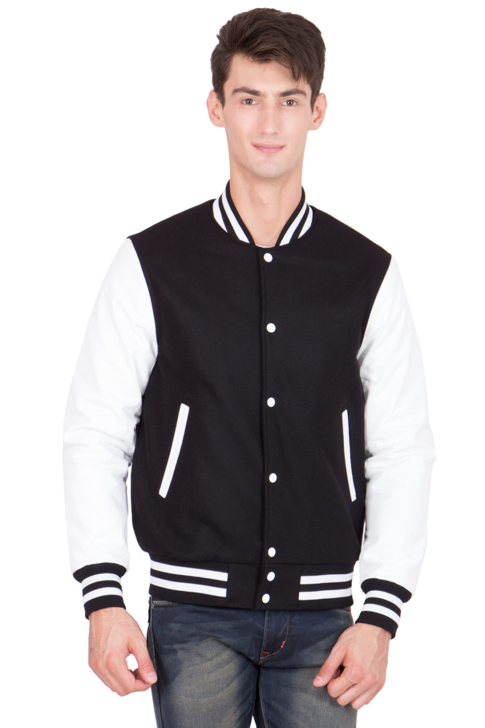 WHITE VINYL SLEEVES & BLACK WOOL BODY VARSITY JACKET-MEN