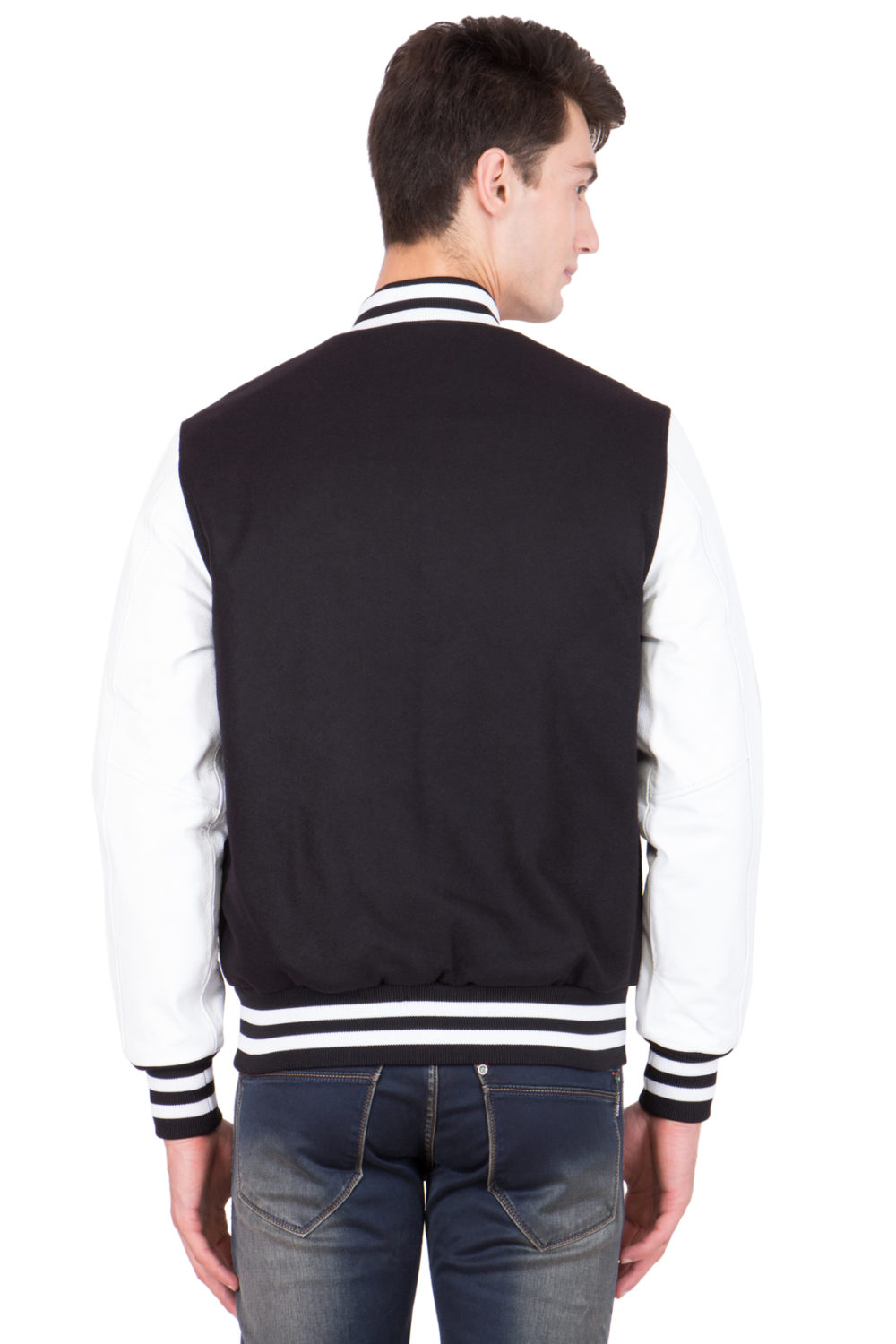 WHITE LEATHER SLEEVES & BLACK WOOL BODY VARSITY JACKET-MEN