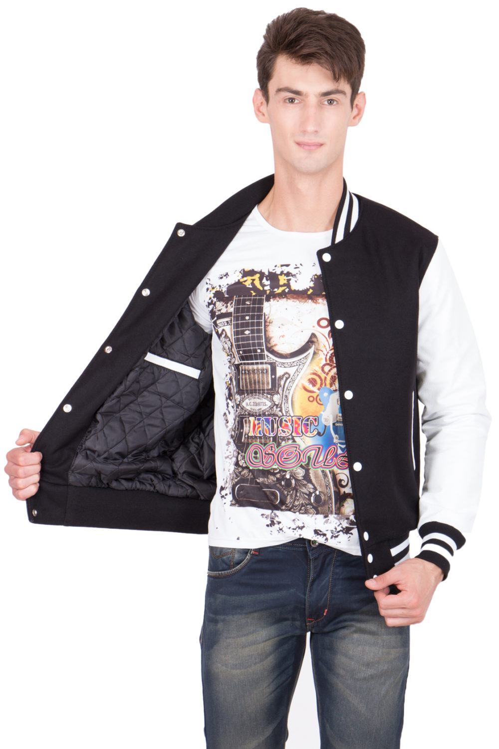 WHITE LEATHER SLEEVES & BLACK WOOL BODY VARSITY JACKET-MEN