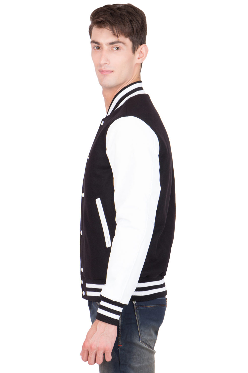 WHITE LEATHER SLEEVES & BLACK WOOL BODY VARSITY JACKET-MEN