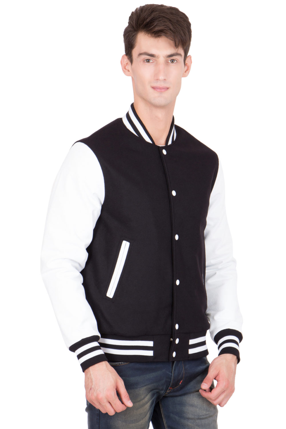 WHITE LEATHER SLEEVES & BLACK WOOL BODY VARSITY JACKET-MEN