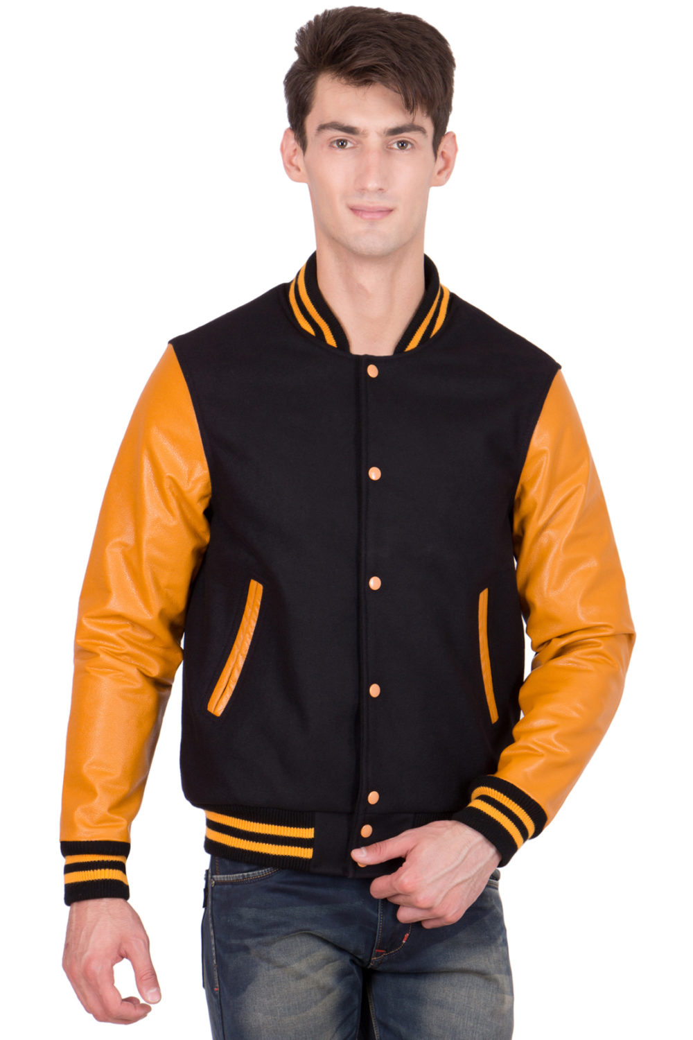 LIGHT GOLD LEATHER SLEEVES & BLACK WOOL BODY VARSITY JACKET-MEN