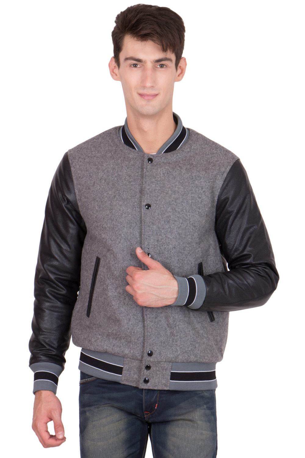 BLACK VINYL SLEEVES & GREY WOOL BODY VARSITY JACKET-MEN
