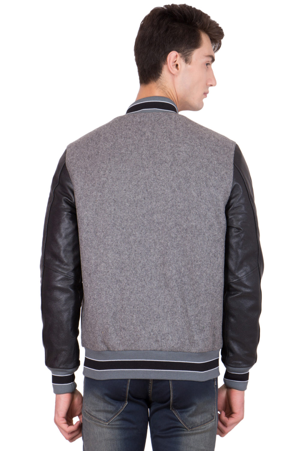 BLACK LEATHER SLEEVES & GREY WOOL BODY VARSITY JACKET-MEN