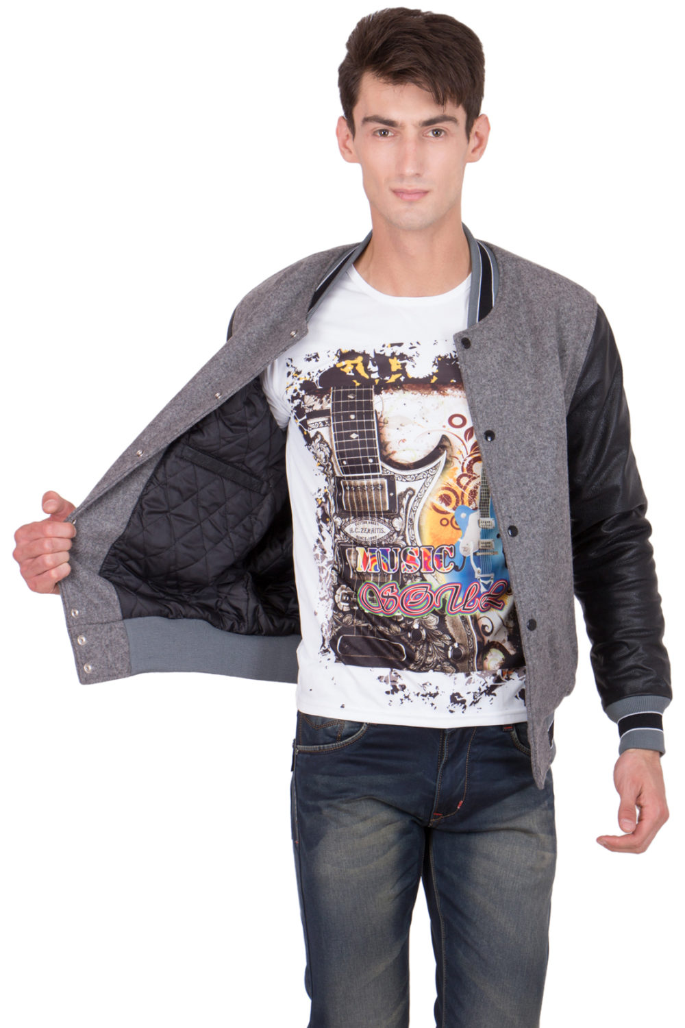 BLACK LEATHER SLEEVES & GREY WOOL BODY VARSITY JACKET-MEN