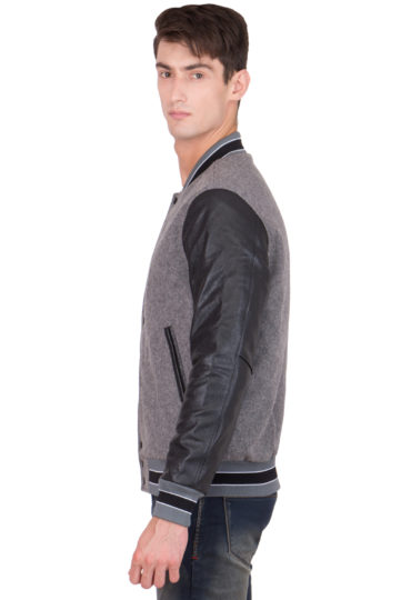 BLACK LEATHER SLEEVES & GREY WOOL BODY VARSITY JACKET-MEN