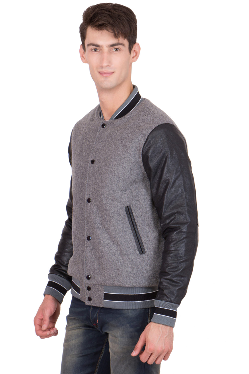 BLACK LEATHER SLEEVES & GREY WOOL BODY VARSITY JACKET-MEN