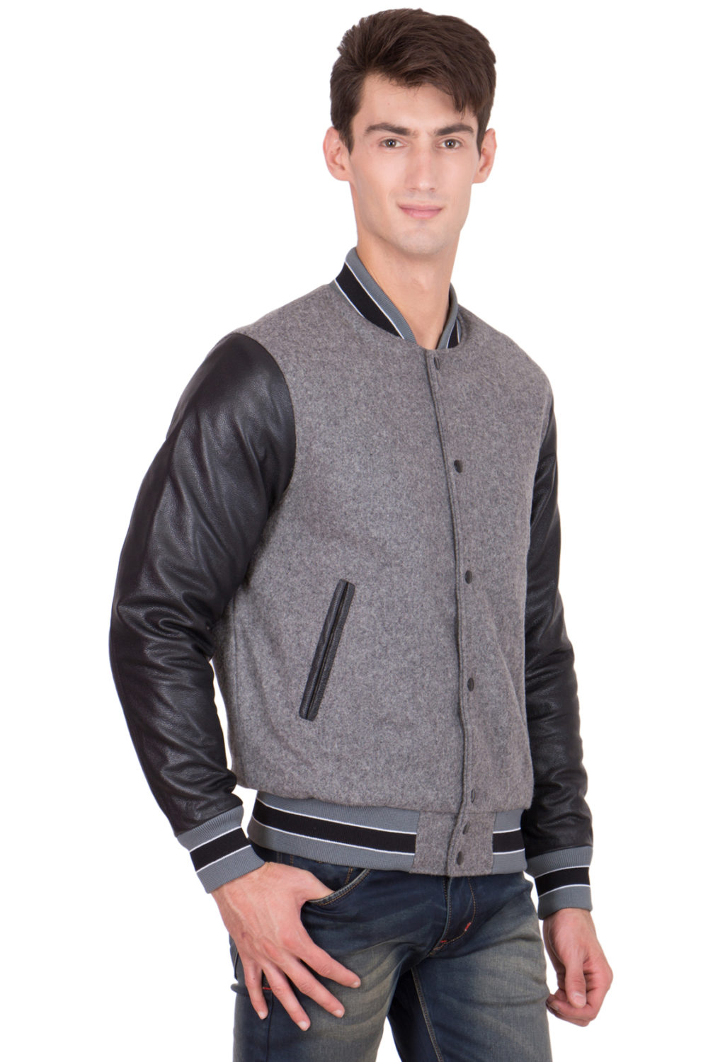 BLACK LEATHER SLEEVES & GREY WOOL BODY VARSITY JACKET-MEN