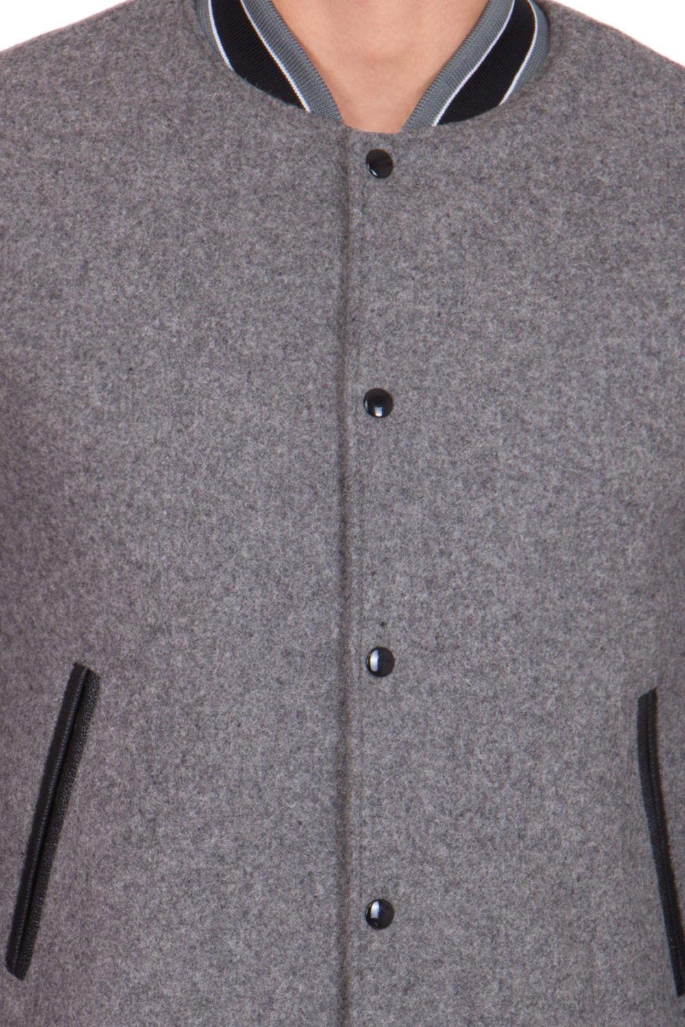 BLACK LEATHER SLEEVES & GREY WOOL BODY VARSITY JACKET-MEN