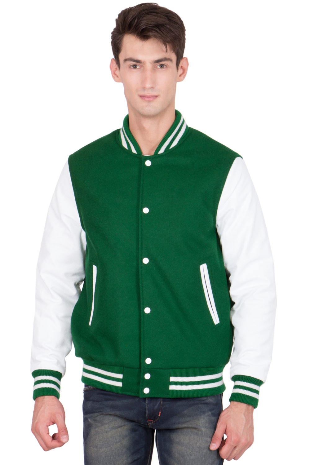 WHITE VINYL SLEEVES & KELLY GREEN WOOL BODY VARSITY JACKET-MEN