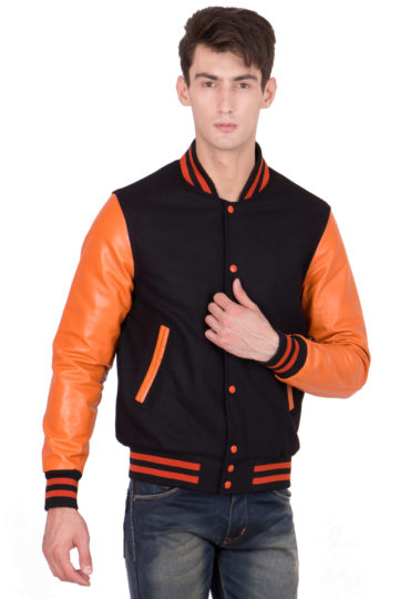 BURNT ORANGE LEATHER SLEEVES & BLACK WOOL BODY VARSITY JACKET-MEN