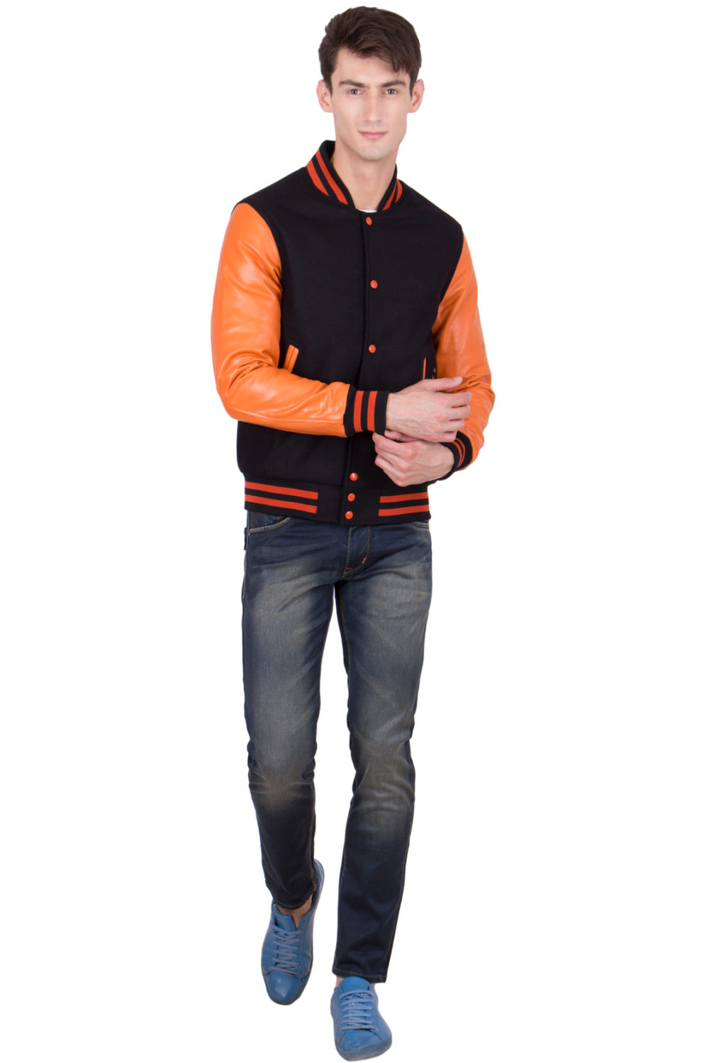 BURNT ORANGE LEATHER SLEEVES & BLACK WOOL BODY VARSITY JACKET-MEN