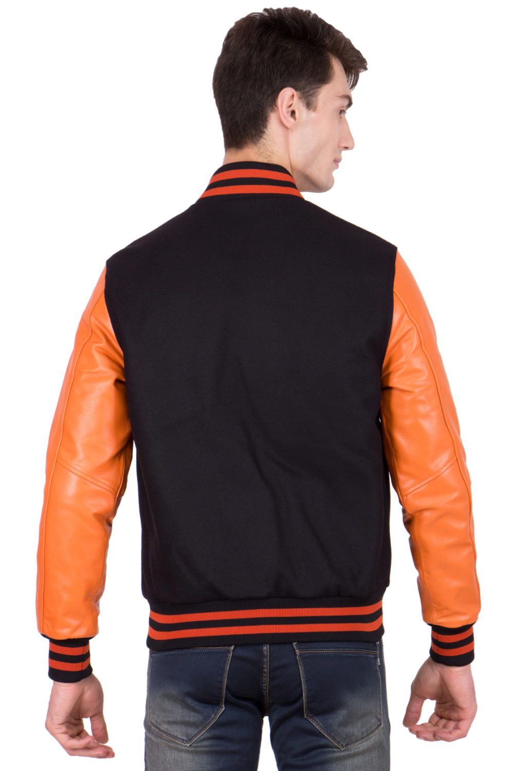 BURNT ORANGE LEATHER SLEEVES & BLACK WOOL BODY VARSITY JACKET-MEN