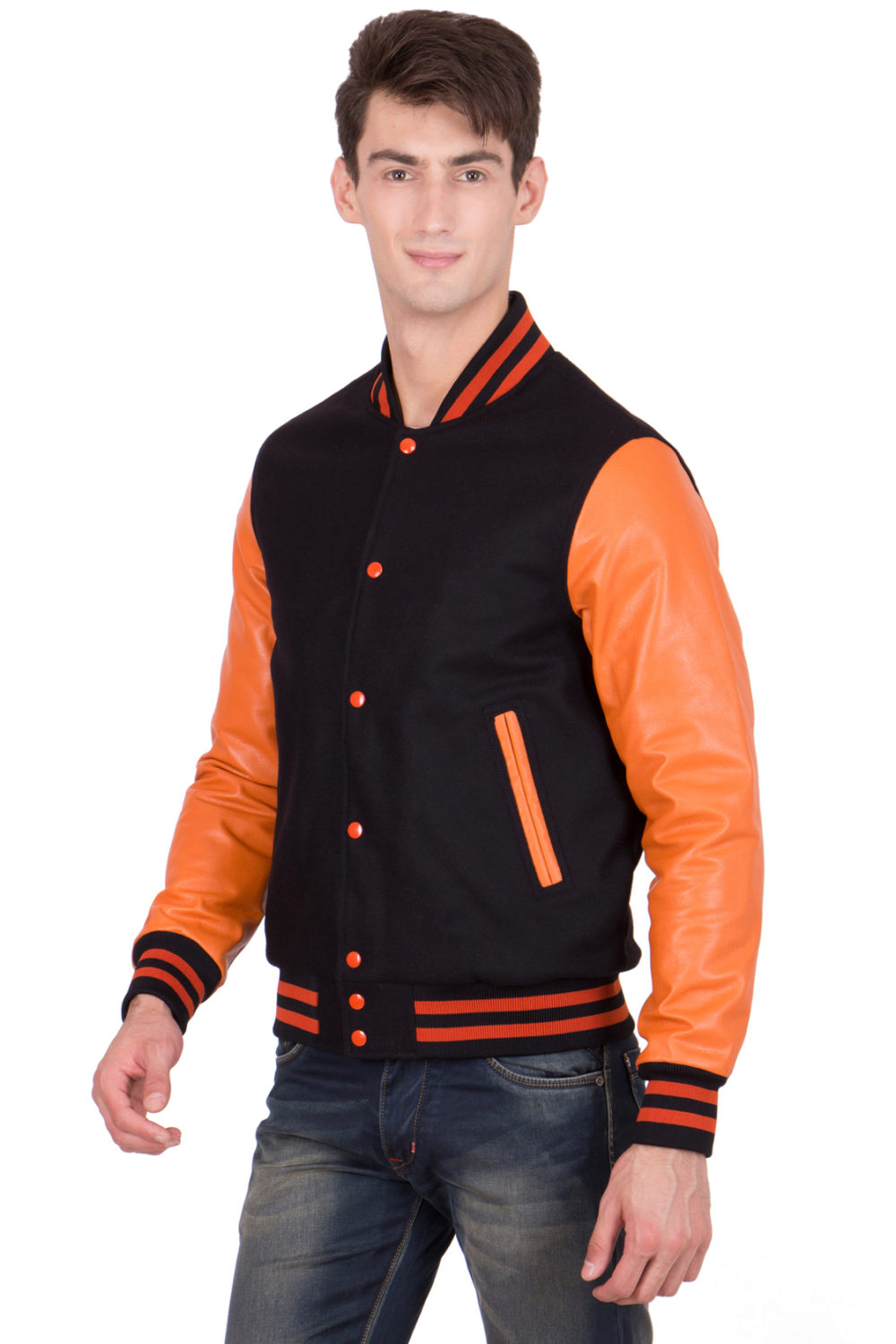 BURNT ORANGE LEATHER SLEEVES & BLACK WOOL BODY VARSITY JACKET-MEN