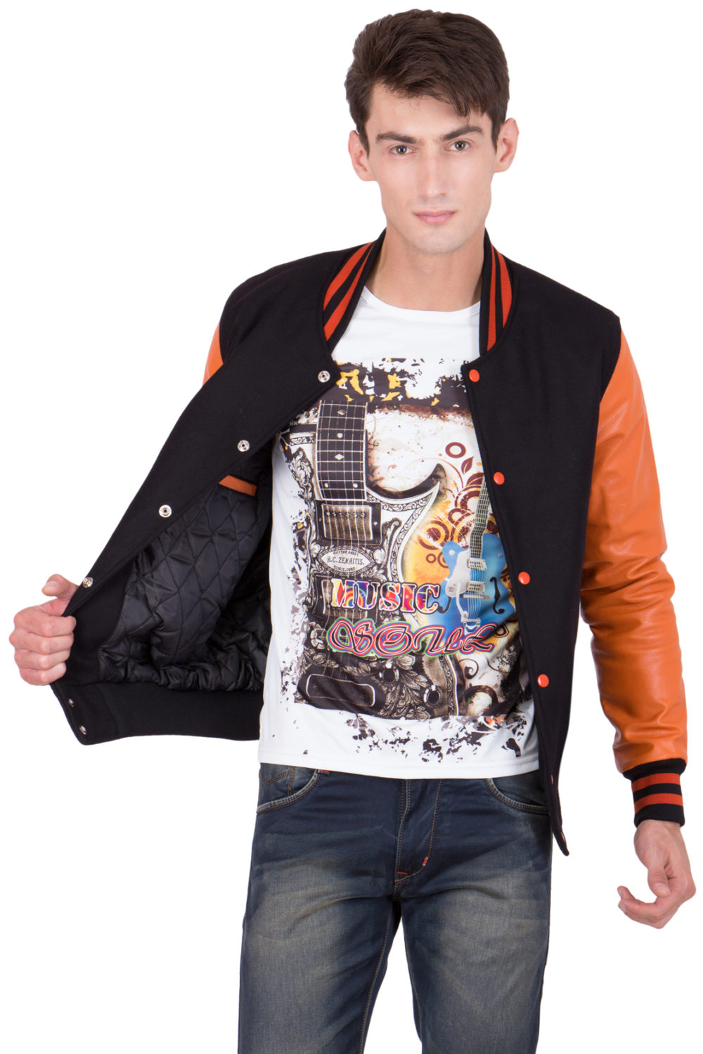 BURNT ORANGE LEATHER SLEEVES & BLACK WOOL BODY VARSITY JACKET-MEN