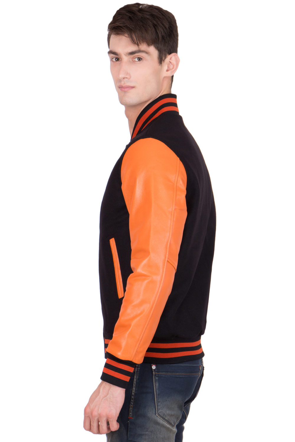 BURNT ORANGE LEATHER SLEEVES & BLACK WOOL BODY VARSITY JACKET-MEN