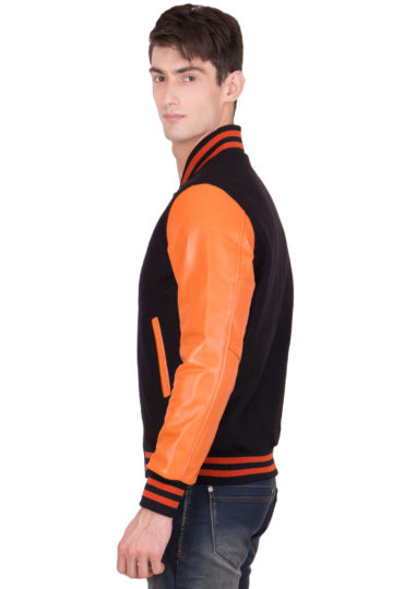 BURNT ORANGE LEATHER SLEEVES & BLACK WOOL BODY VARSITY JACKET-MEN