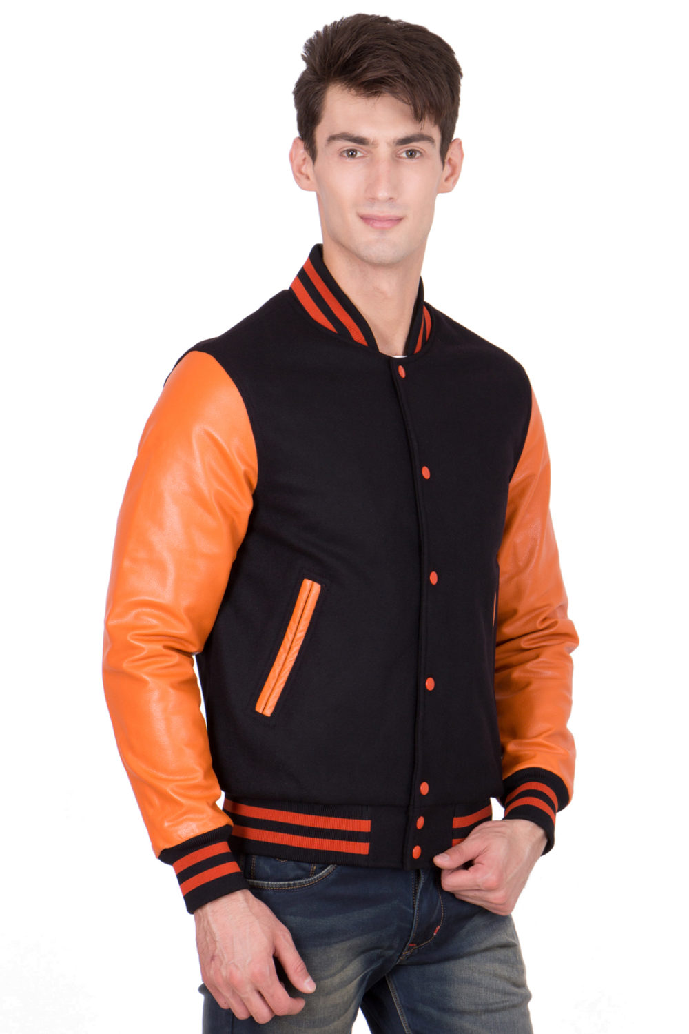 BURNT ORANGE LEATHER SLEEVES & BLACK WOOL BODY VARSITY JACKET-MEN