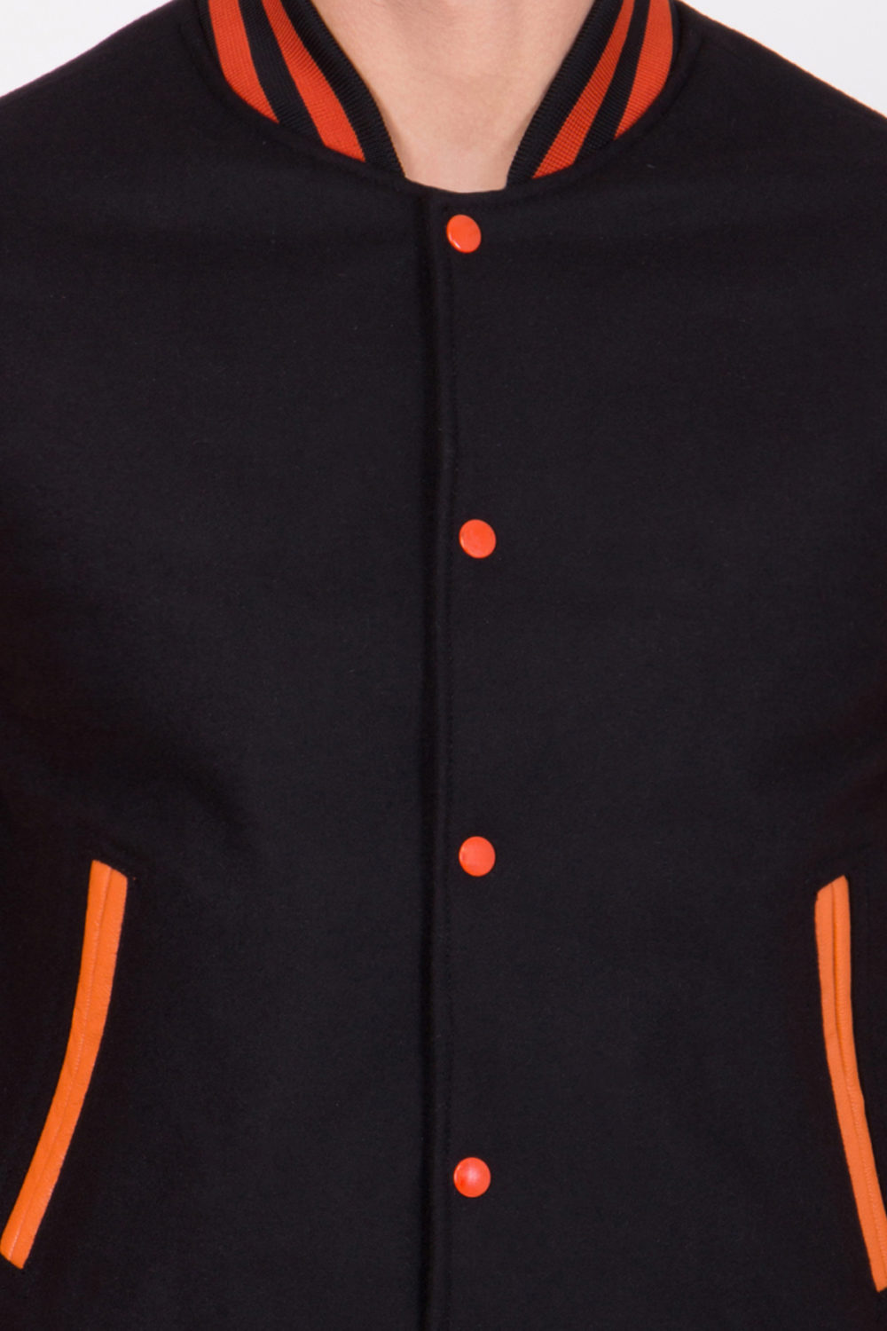 BURNT ORANGE LEATHER SLEEVES & BLACK WOOL BODY VARSITY JACKET-MEN