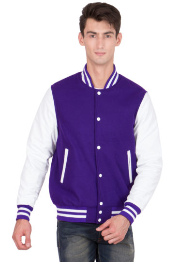 WHITE LEATHER SLEEVES & PURPLE WOOL BODY VARSITY JACKET-MEN