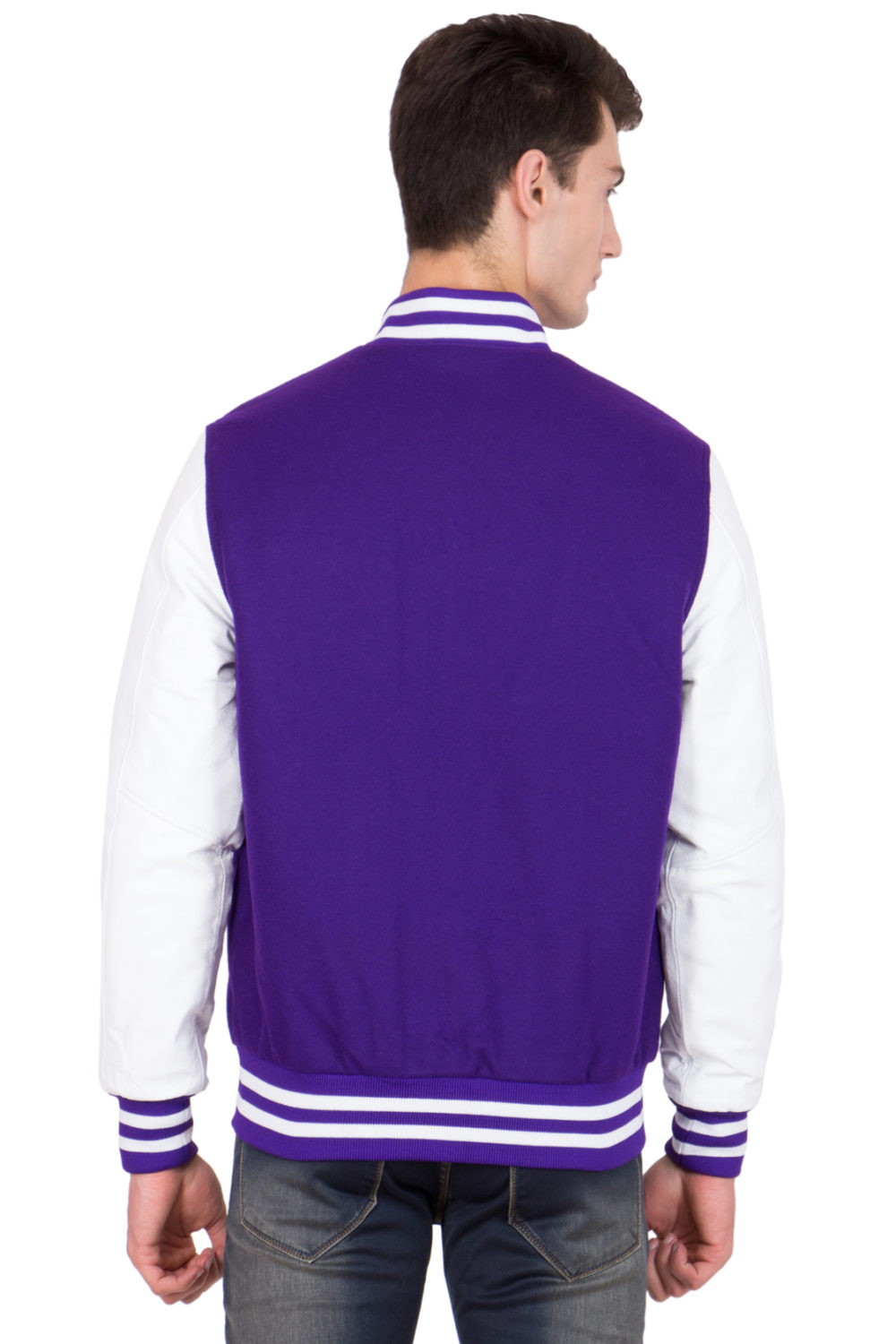 WHITE LEATHER SLEEVES & PURPLE WOOL BODY VARSITY JACKET-MEN