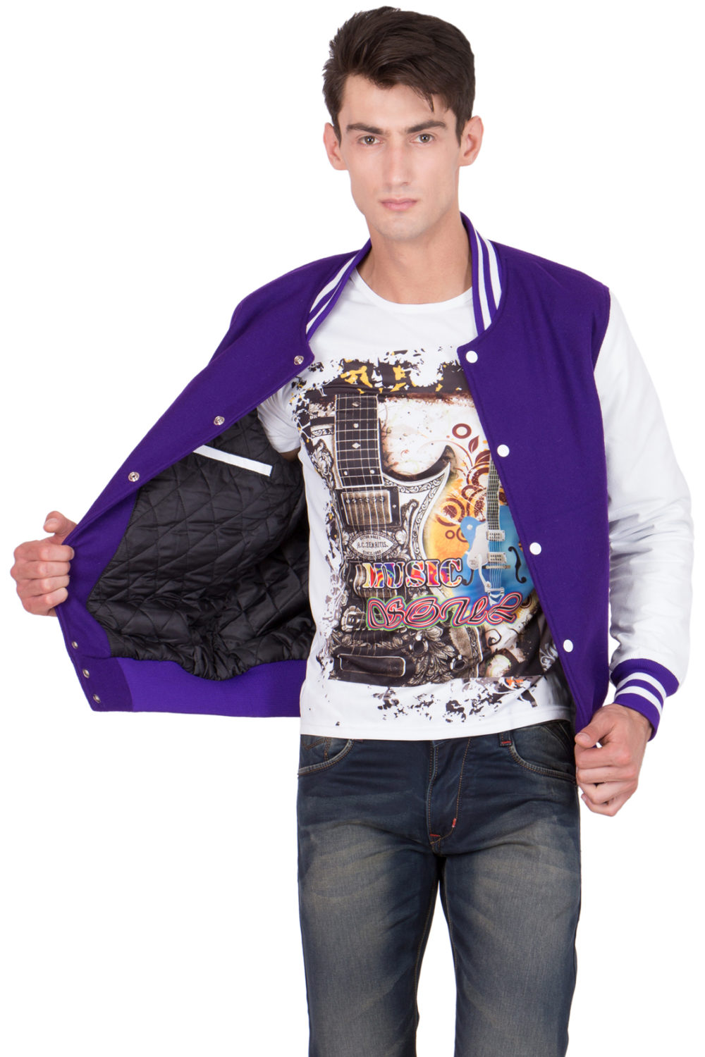 WHITE LEATHER SLEEVES & PURPLE WOOL BODY VARSITY JACKET-MEN