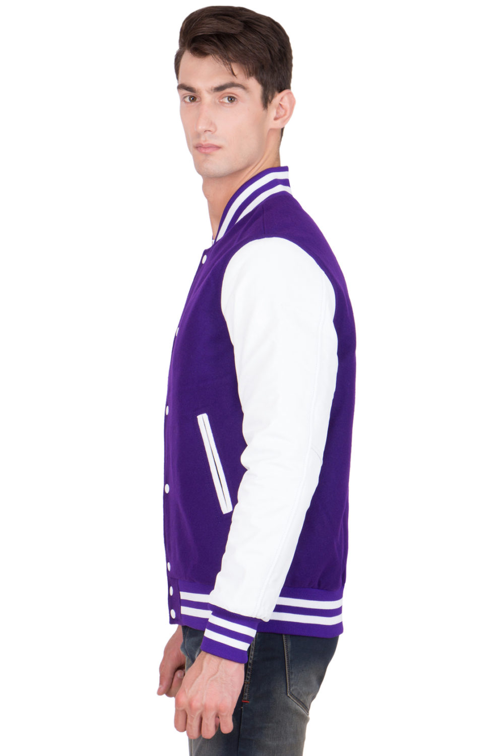 WHITE LEATHER SLEEVES & PURPLE WOOL BODY VARSITY JACKET-MEN