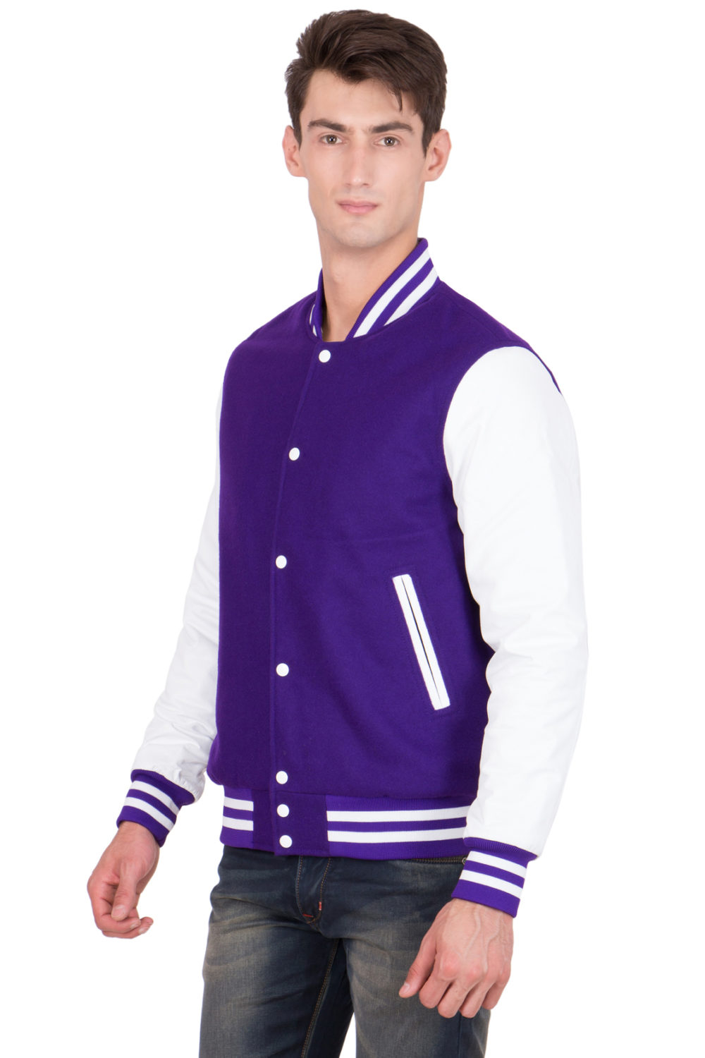 WHITE LEATHER SLEEVES & PURPLE WOOL BODY VARSITY JACKET-MEN