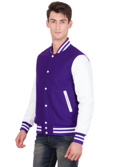 WHITE LEATHER SLEEVES & PURPLE WOOL BODY VARSITY JACKET-MEN