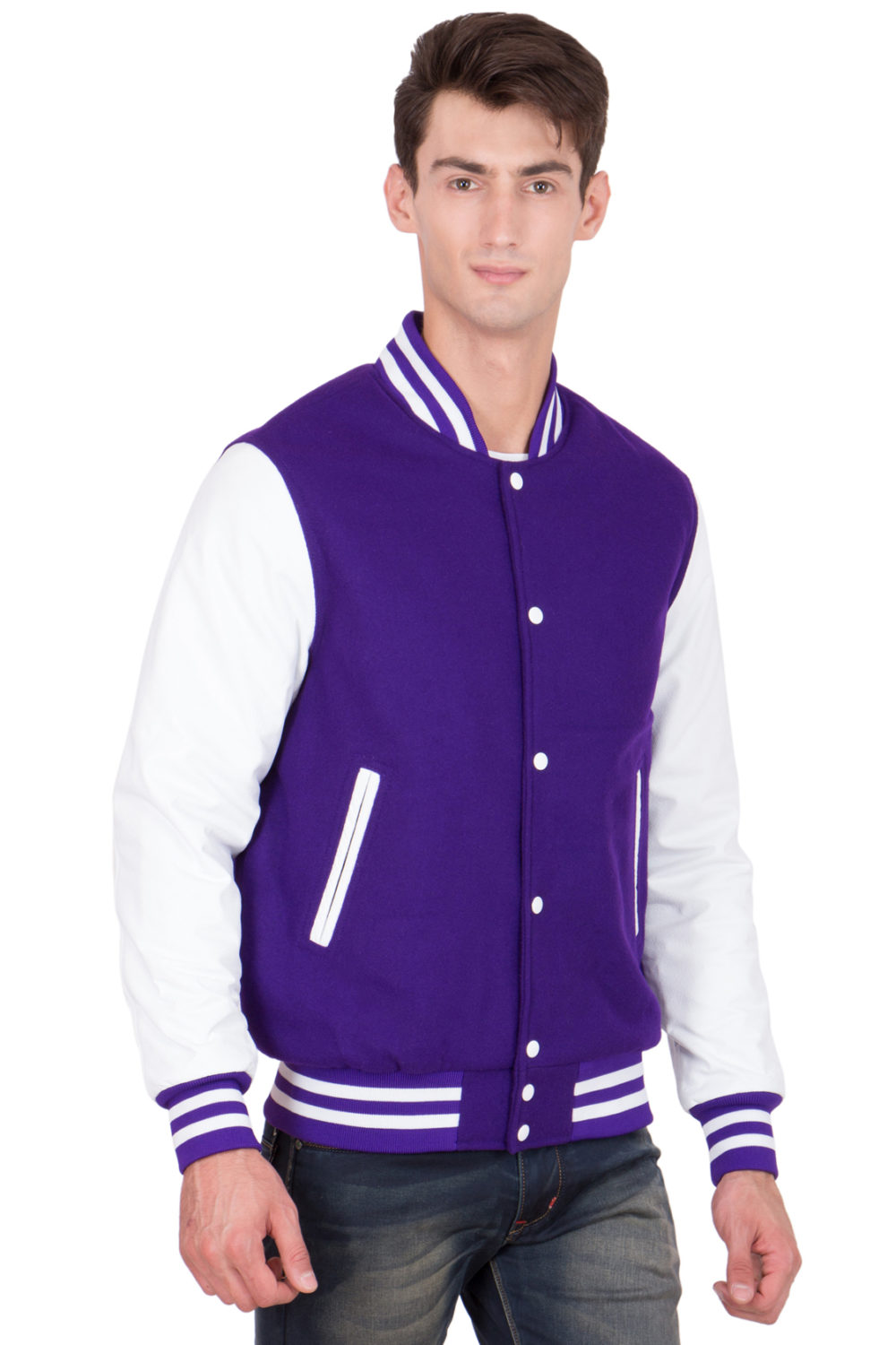 WHITE LEATHER SLEEVES & PURPLE WOOL BODY VARSITY JACKET-MEN