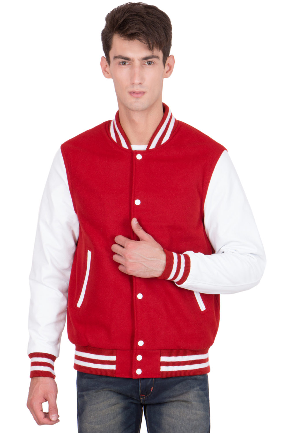 WHITE LEATHER SLEEVES & SCARLET WOOL BODY VARSITY JACKET - MEN
