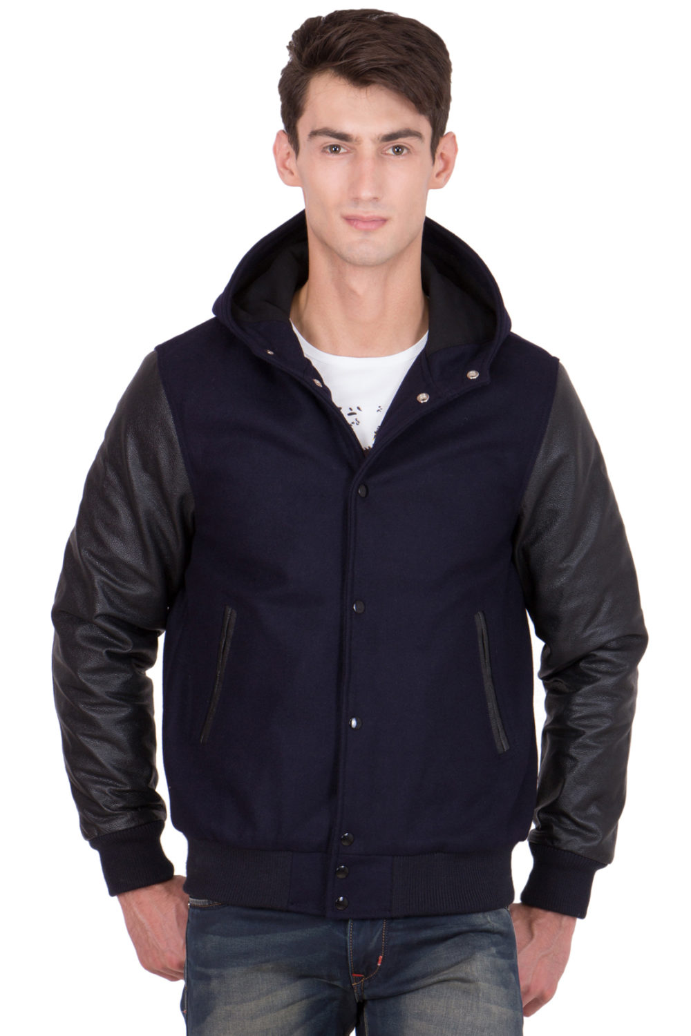 BLACK LEATHER SLEEVES & NAVY BLUE WOOL BODY HOOD VARSITY JACKET-MEN