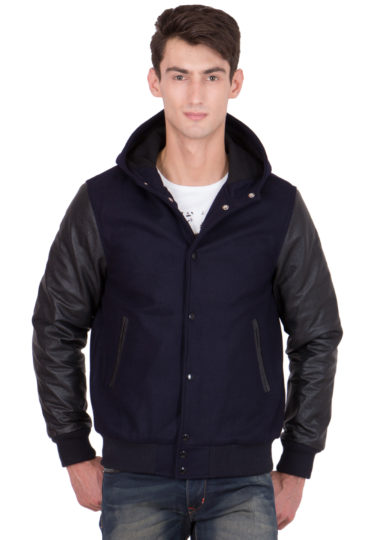 BLACK LEATHER SLEEVES & NAVY BLUE WOOL BODY HOOD VARSITY JACKET-MEN
