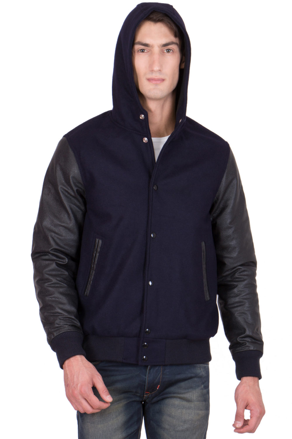 BLACK LEATHER SLEEVES & NAVY BLUE WOOL BODY HOOD VARSITY JACKET-MEN