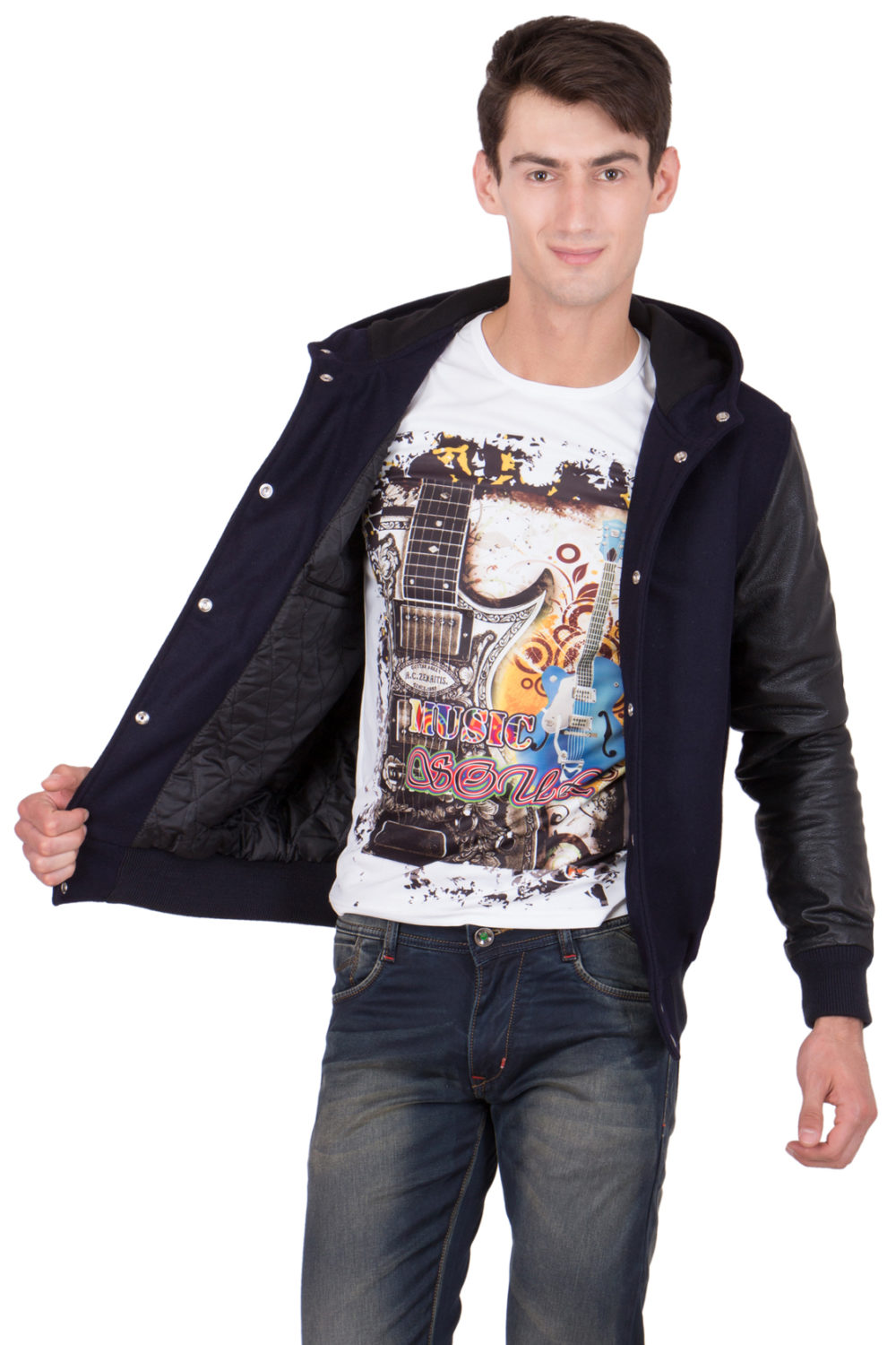 BLACK LEATHER SLEEVES & NAVY BLUE WOOL BODY HOOD VARSITY JACKET-MEN