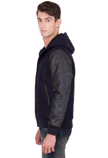 BLACK LEATHER SLEEVES & NAVY BLUE WOOL BODY HOOD VARSITY JACKET-MEN