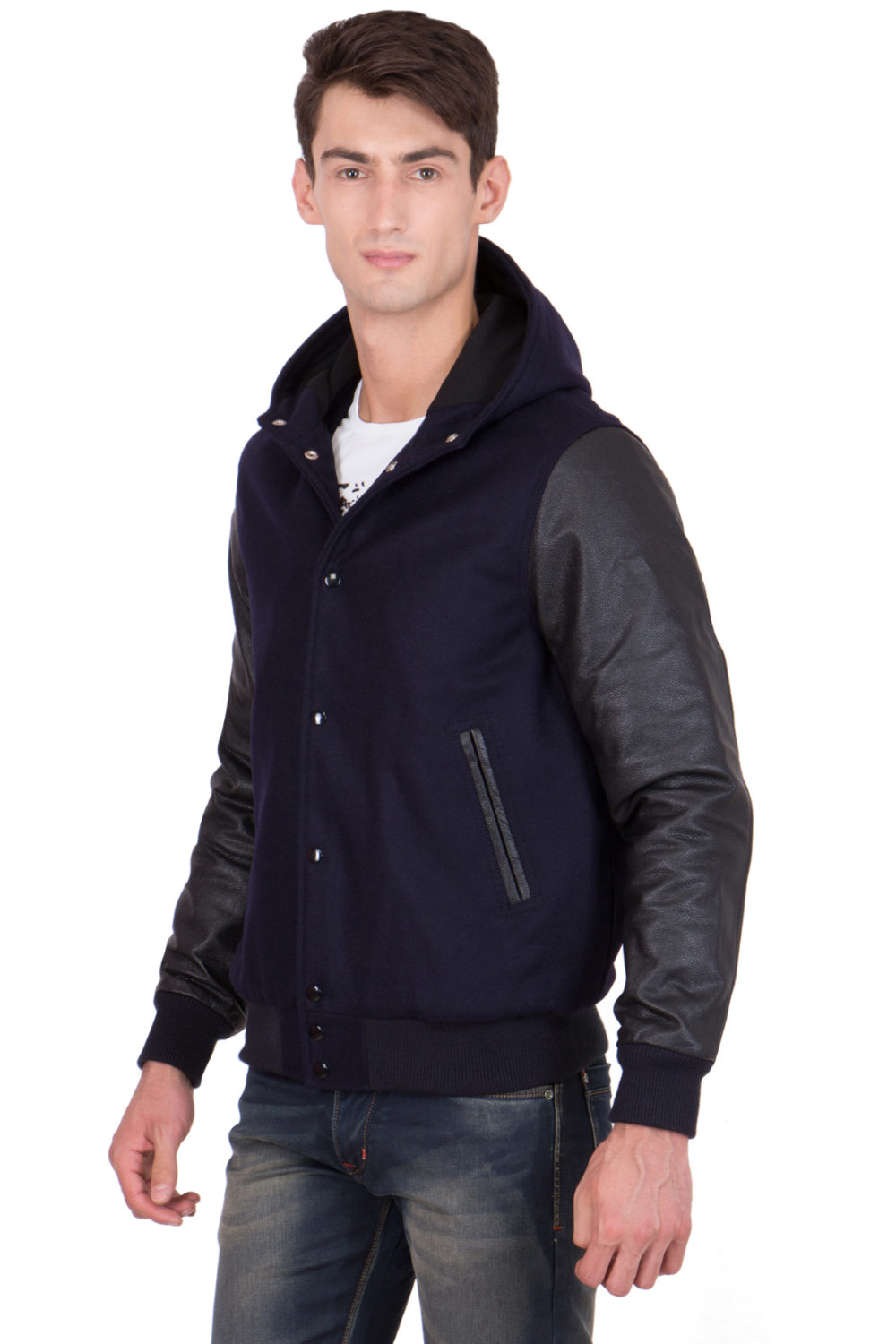 BLACK LEATHER SLEEVES & NAVY BLUE WOOL BODY HOOD VARSITY JACKET-MEN
