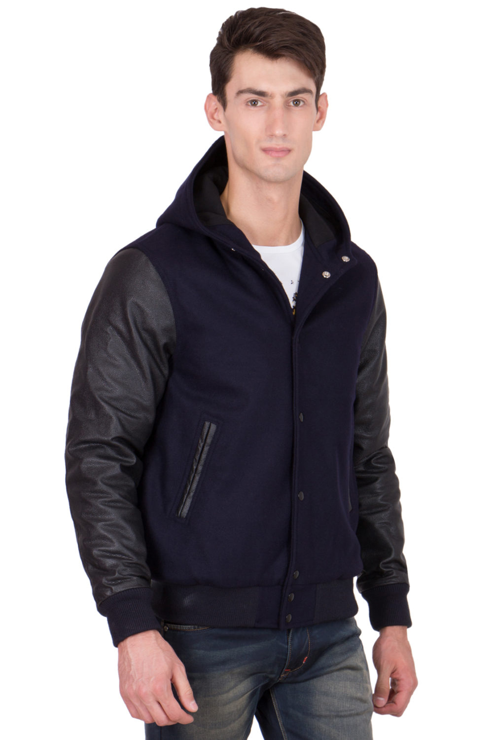 BLACK LEATHER SLEEVES & NAVY BLUE WOOL BODY HOOD VARSITY JACKET-MEN