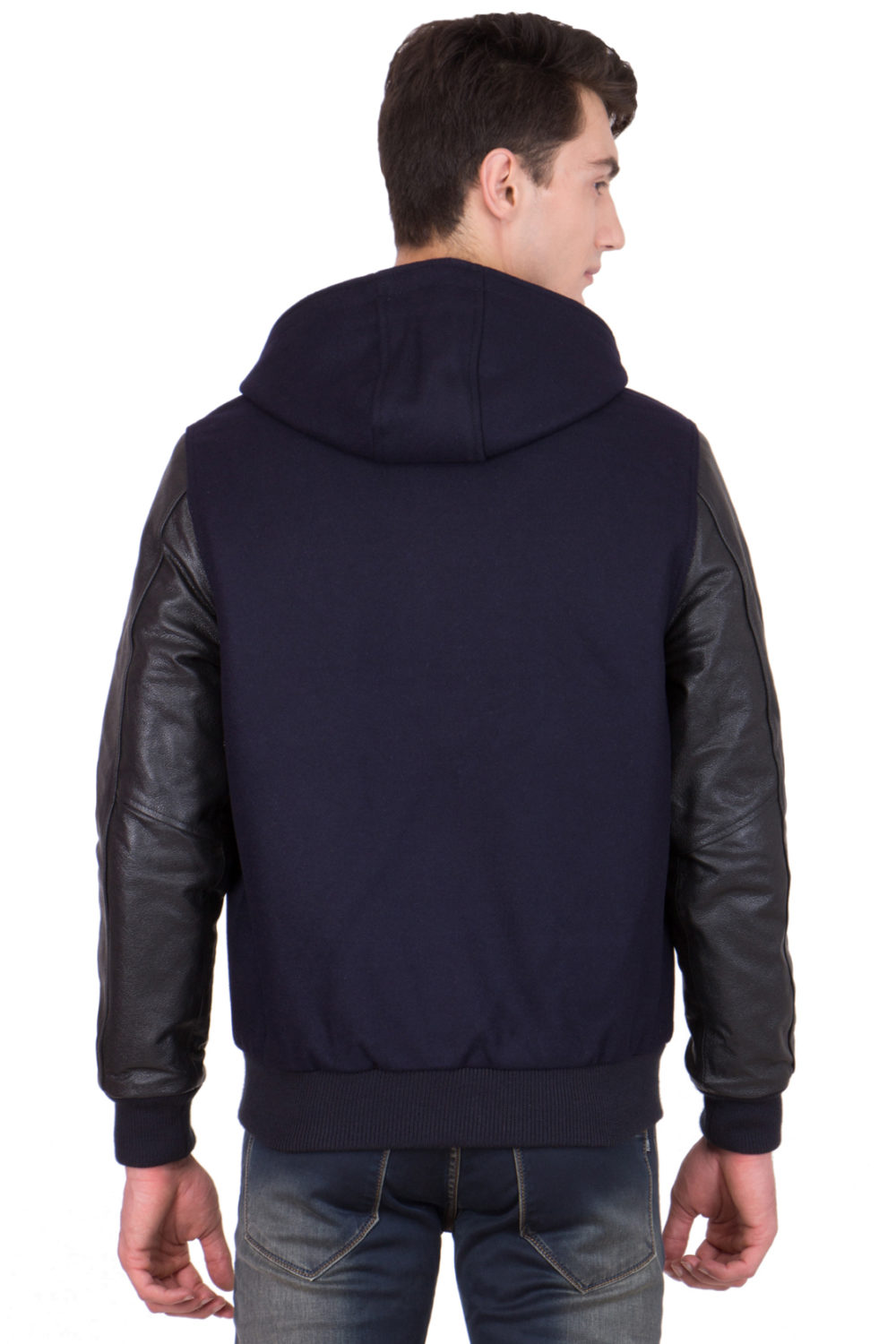 BLACK LEATHER SLEEVES & NAVY BLUE WOOL BODY HOOD VARSITY JACKET-MEN