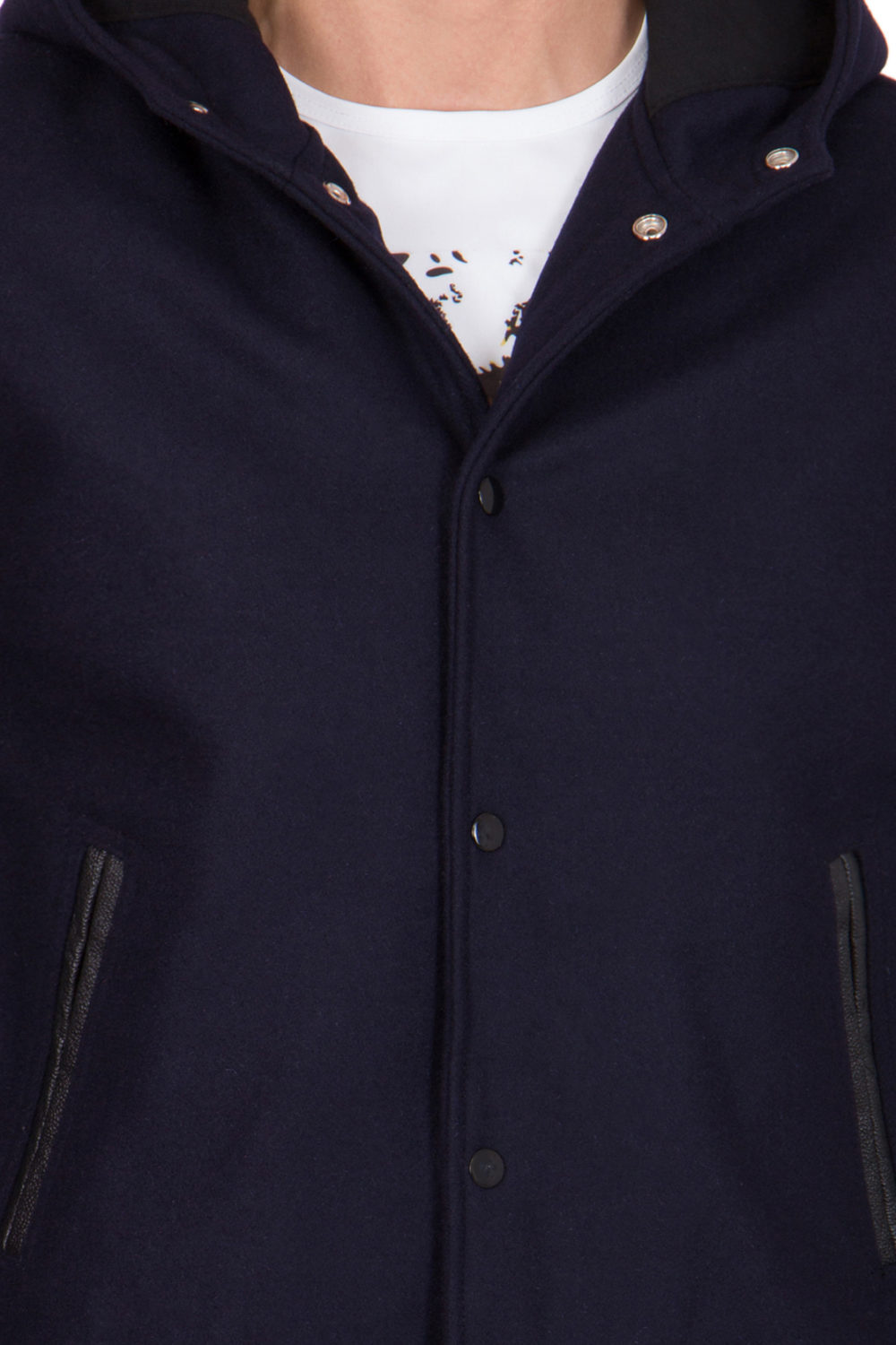 BLACK LEATHER SLEEVES & NAVY BLUE WOOL BODY HOOD VARSITY JACKET-MEN