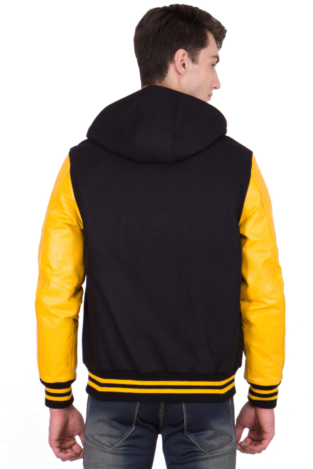 LEMON LEATHER SLEEVES & BLACK WOOL BODY HOOD VARSITY JACKET-MEN