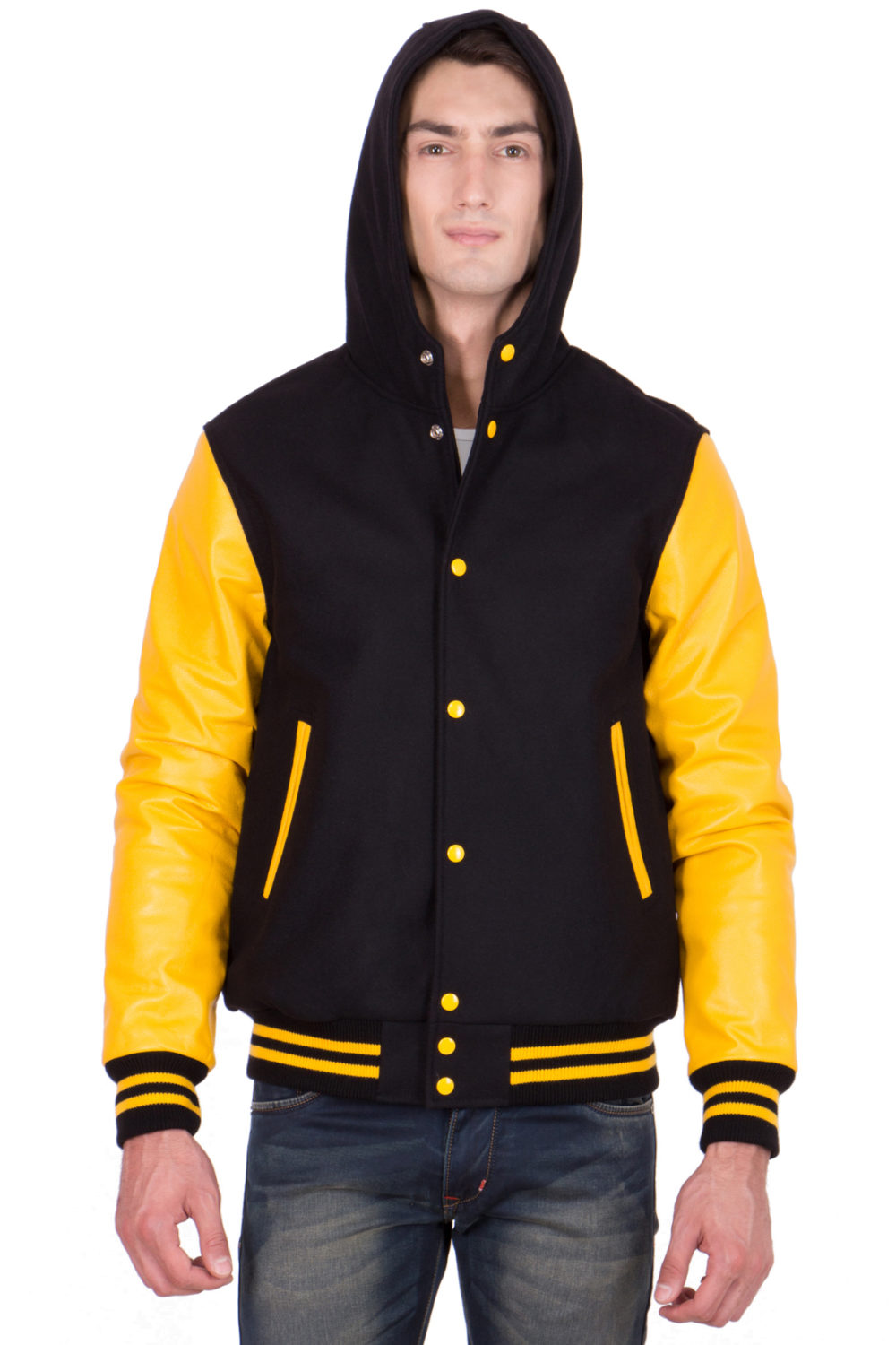 LEMON LEATHER SLEEVES & BLACK WOOL BODY HOOD VARSITY JACKET-MEN