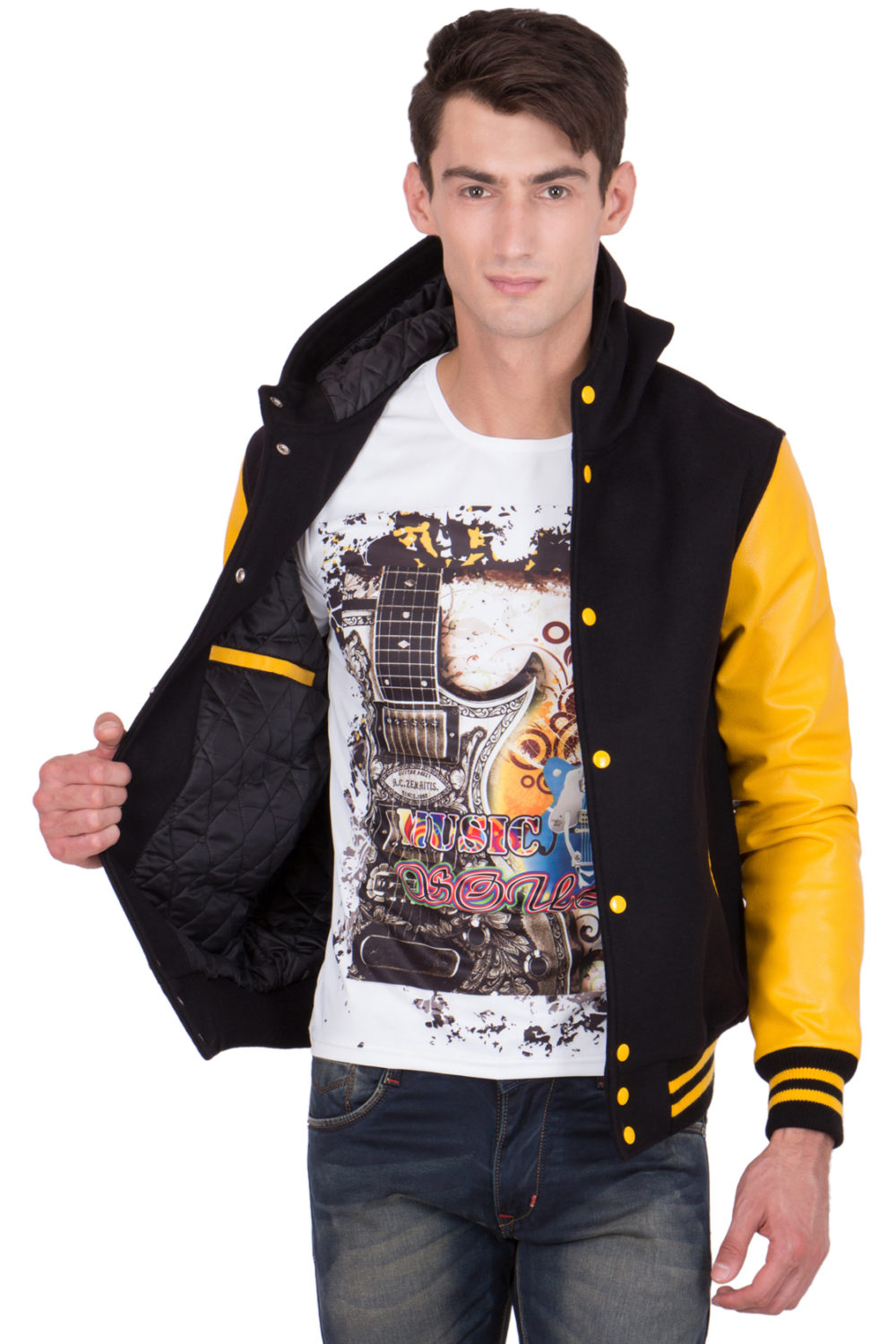 LEMON LEATHER SLEEVES & BLACK WOOL BODY HOOD VARSITY JACKET-MEN