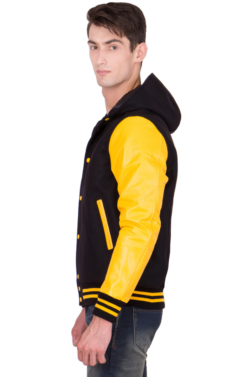 LEMON LEATHER SLEEVES & BLACK WOOL BODY HOOD VARSITY JACKET-MEN