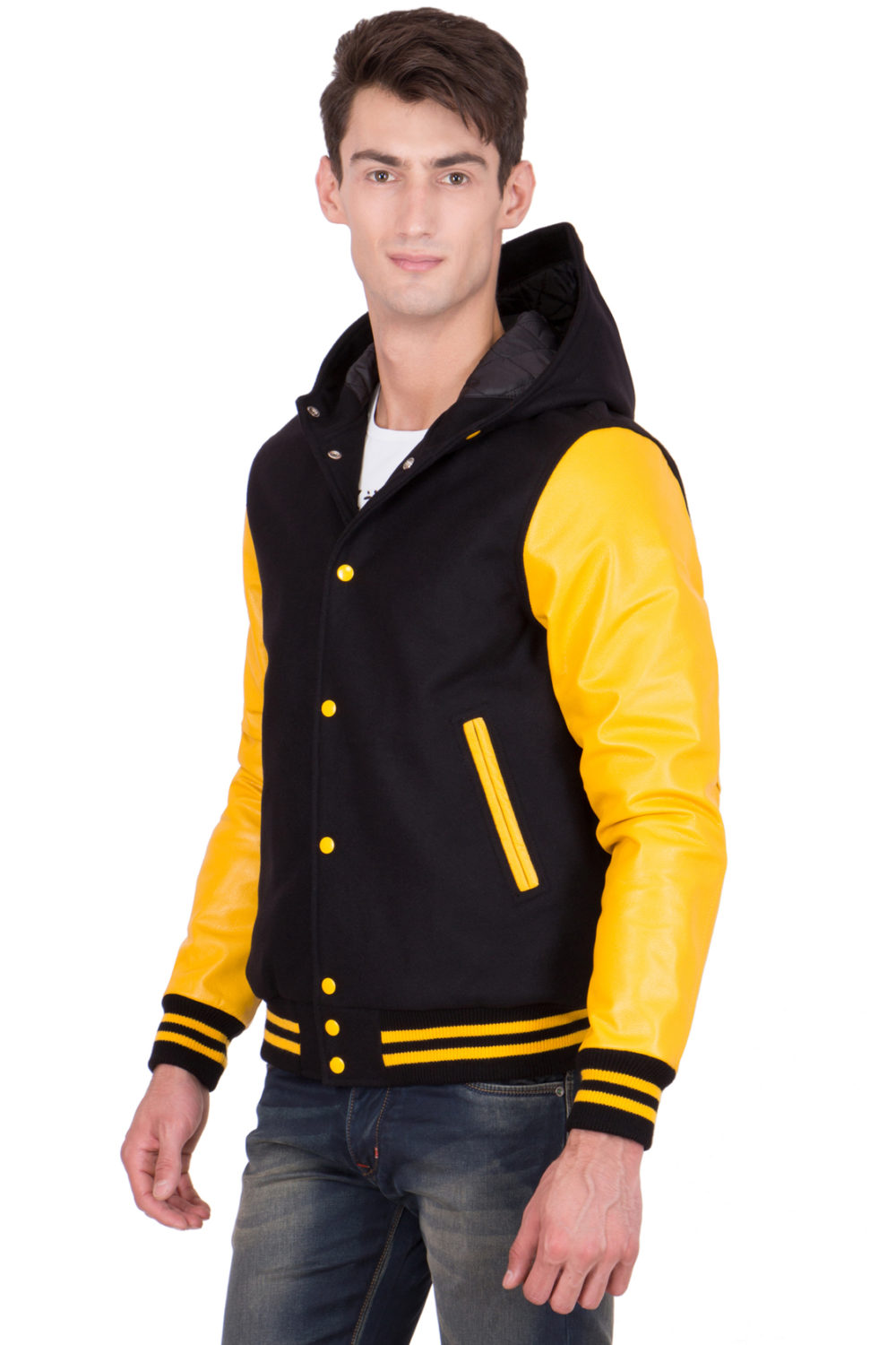 LEMON LEATHER SLEEVES & BLACK WOOL BODY HOOD VARSITY JACKET-MEN