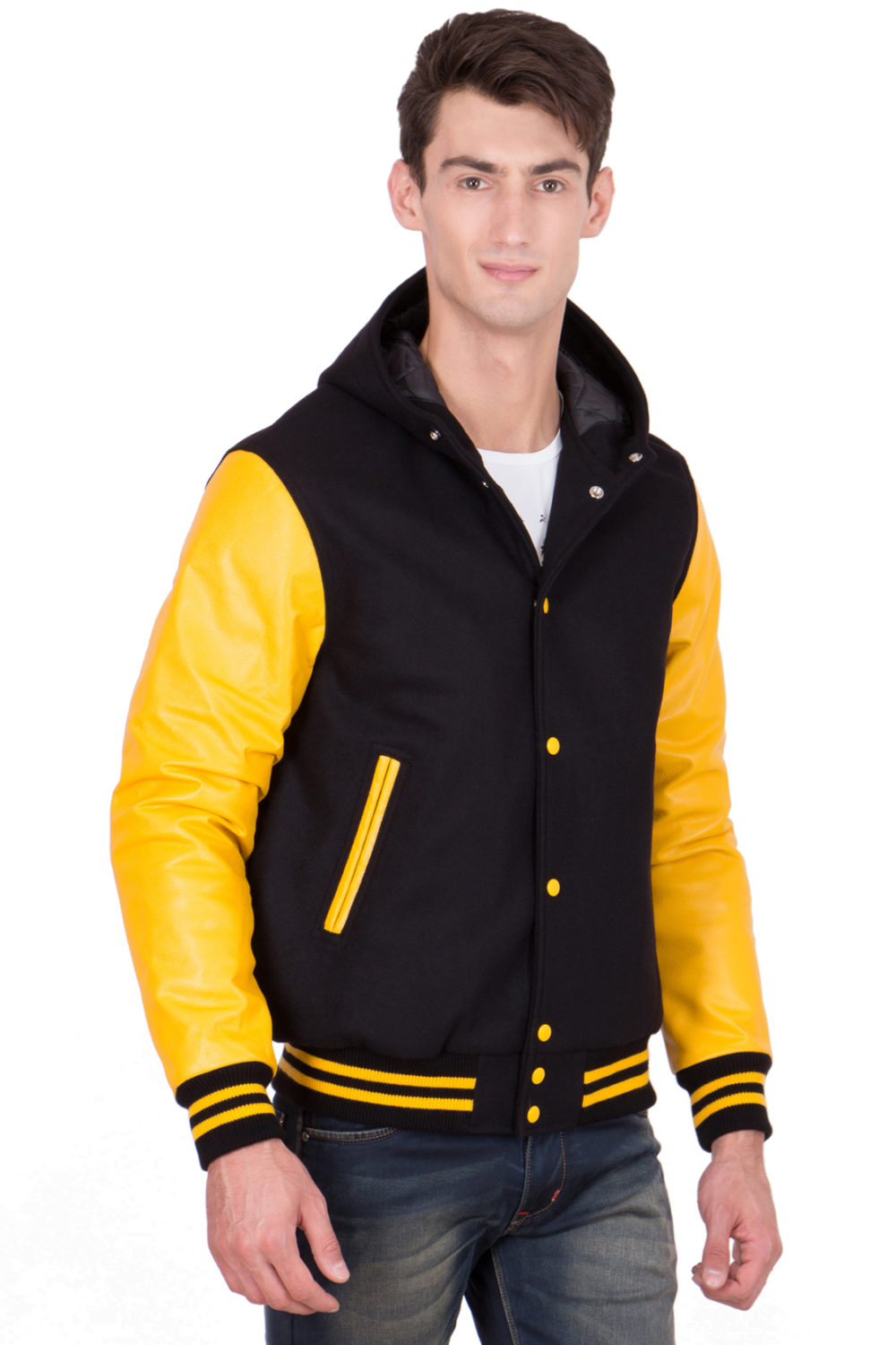 LEMON LEATHER SLEEVES & BLACK WOOL BODY HOOD VARSITY JACKET-MEN