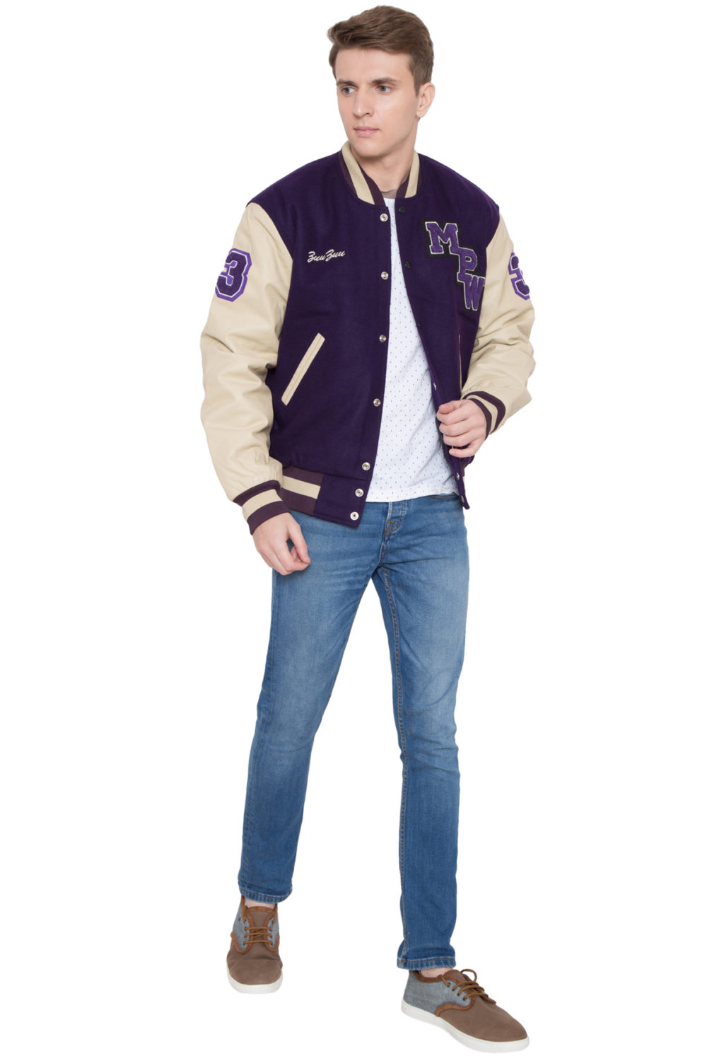 PARCHMENT LEATHER SLEEVES & PURPLE WOOL BODY VARSITY JACKET - MEN