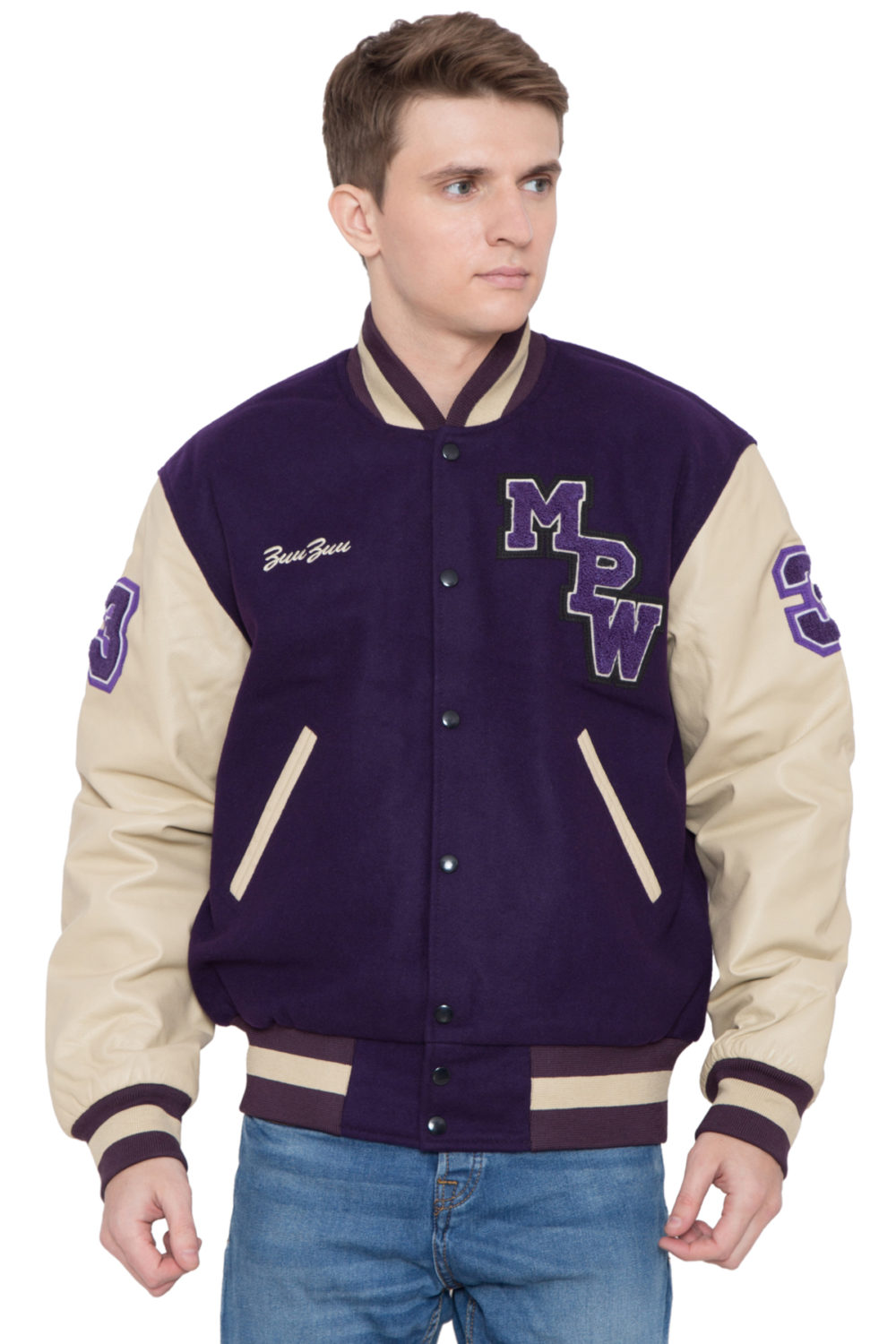 PARCHMENT LEATHER SLEEVES & PURPLE WOOL BODY VARSITY JACKET - MEN