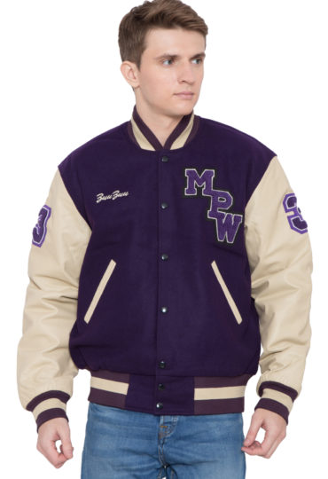 PARCHMENT LEATHER SLEEVES & PURPLE WOOL BODY VARSITY JACKET - MEN