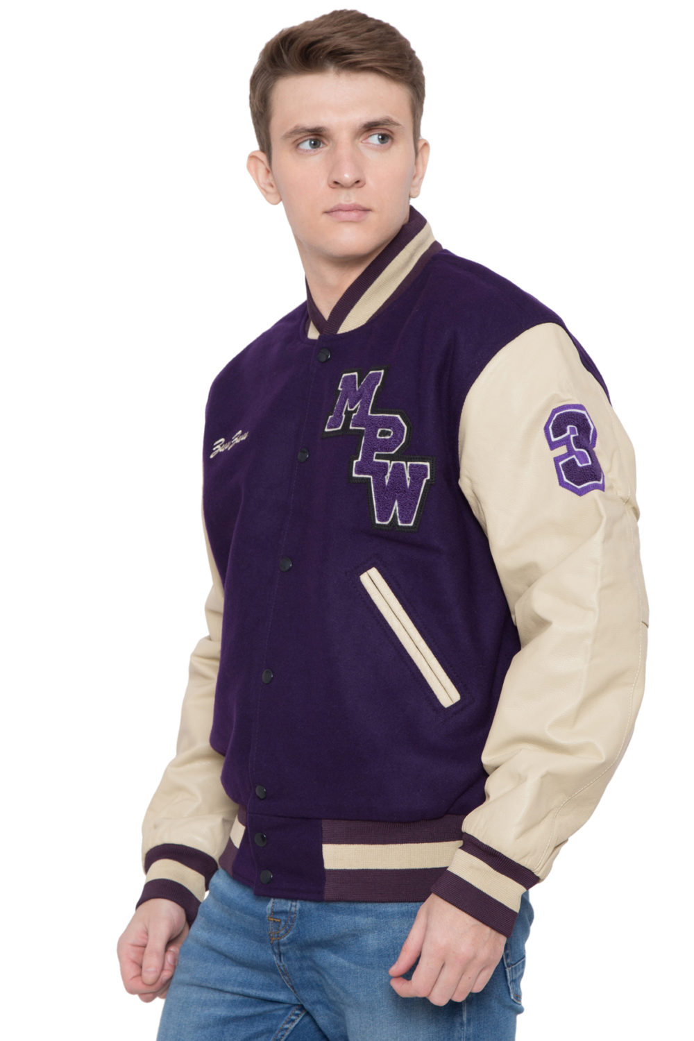 PARCHMENT LEATHER SLEEVES & PURPLE WOOL BODY VARSITY JACKET - MEN